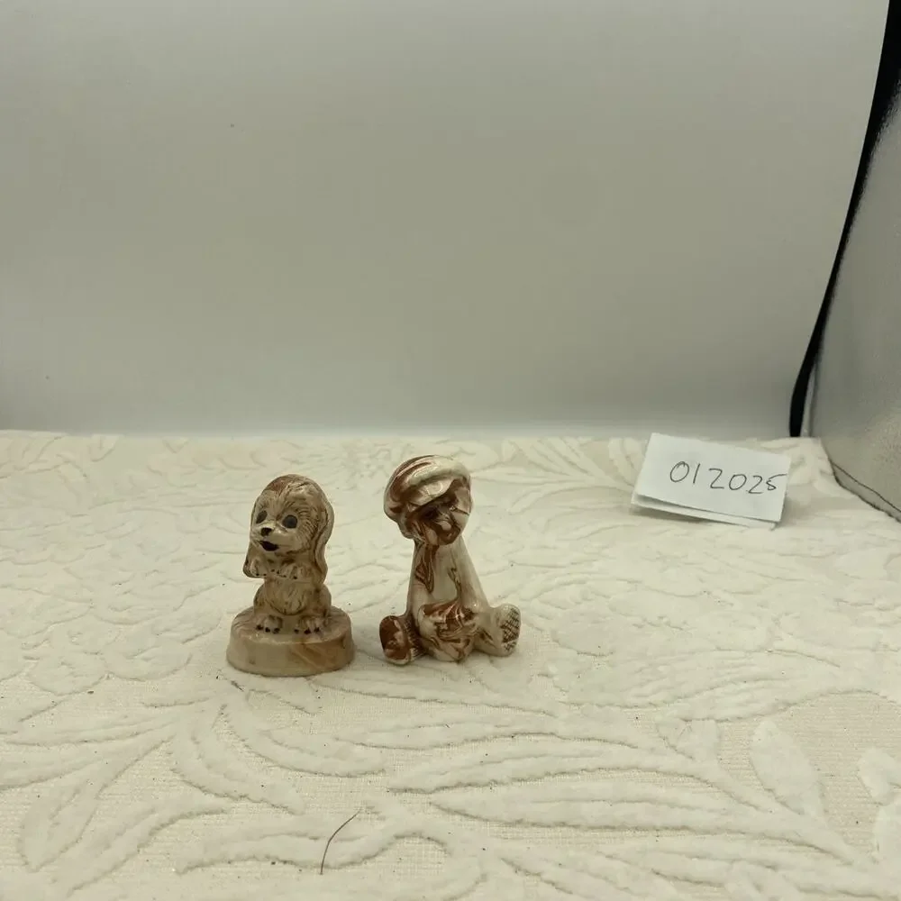 Handmade Glazed Boy with Little Dog Figurines Brown Swirl 2.5” Tall
